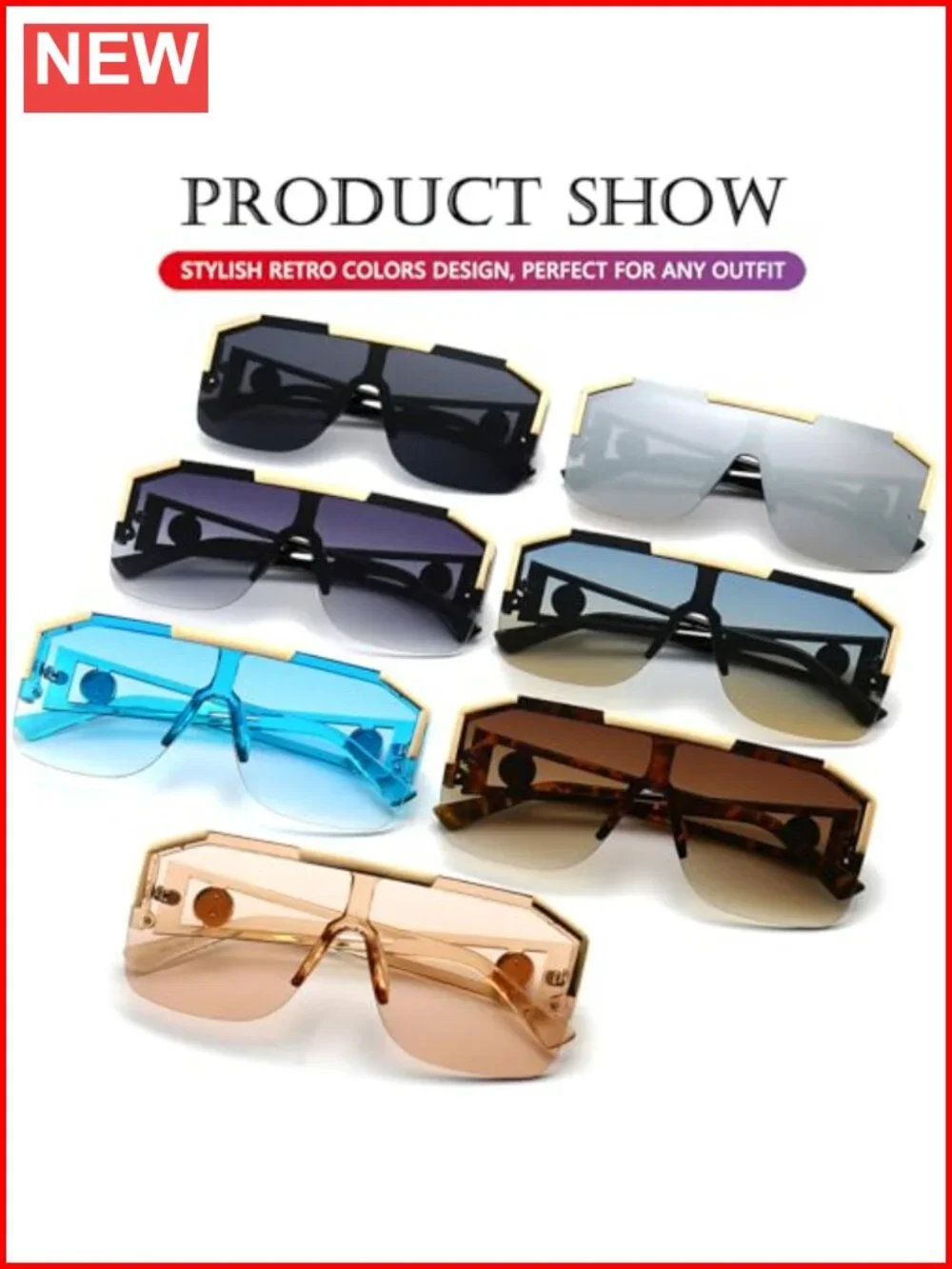 Oversized Square Sunglasses Unisex Metal Frame Shield Lens Retro Shades